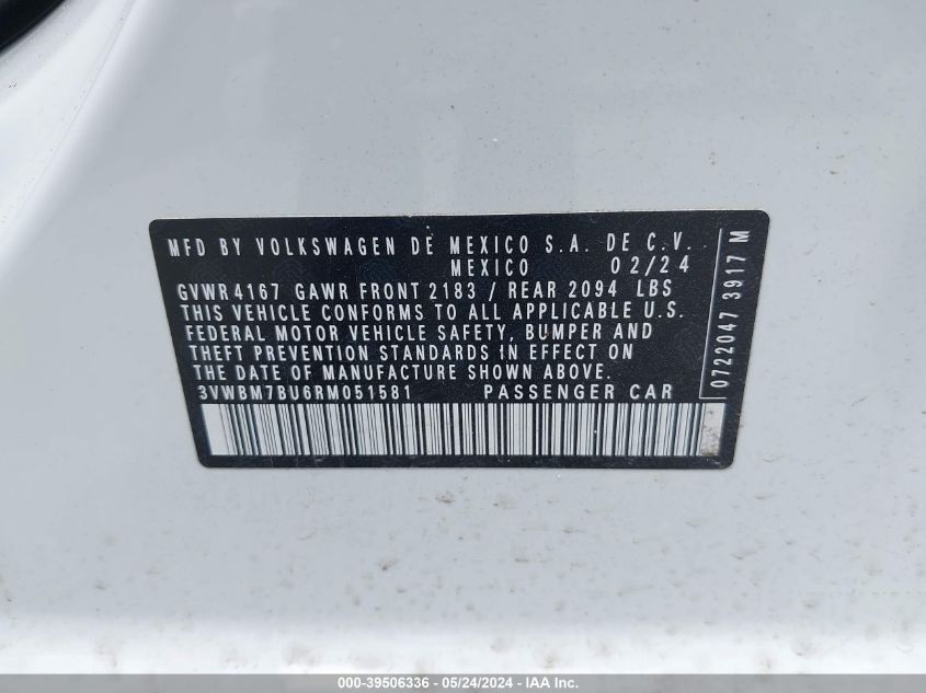 2024 Volkswagen Jetta 1.5T Sport VIN: 3VWBM7BU6RM051581 Lot: 39506336