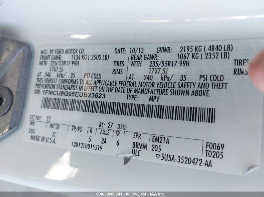 2014 Ford Escape Se VIN: 1FMCU9G95EUB23623 Lot: 39506341