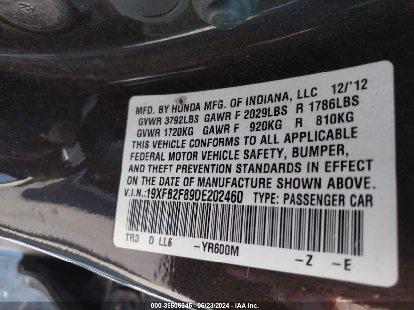 2013 HONDA CIVIC EX - 19XFB2F89DE202460