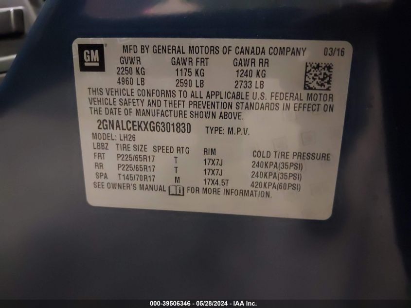 2016 Chevrolet Equinox Lt VIN: 2GNALCEKXG6301830 Lot: 39506346