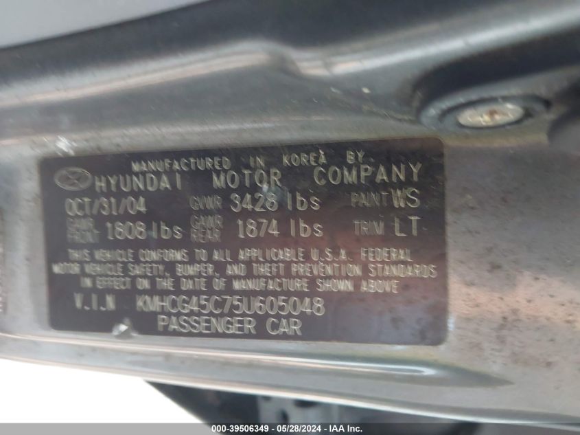2005 Hyundai Accent Gls VIN: KMHCG45C75U605048 Lot: 39506349