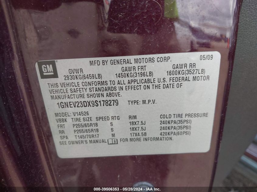 2009 Chevrolet Traverse Lt VIN: 1GNEV23DX9S178279 Lot: 39506353