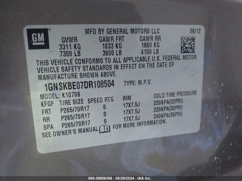 2013 Chevrolet Tahoe Lt VIN: 1GNSKBE07DR108504 Lot: 39506356