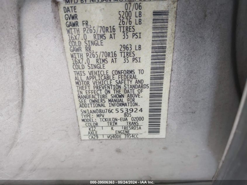 2006 Nissan Xterra X VIN: 5N1AN08U76C553924 Lot: 39506363