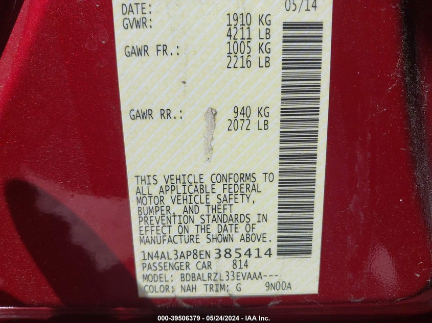 2014 Nissan Altima 2.5 S VIN: 1N4AL3AP8EN385414 Lot: 39506379