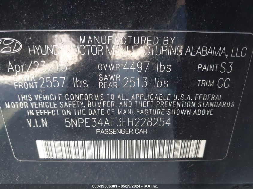 2015 Hyundai Sonata Sport VIN: 5NPE34AF3FH228254 Lot: 39506381