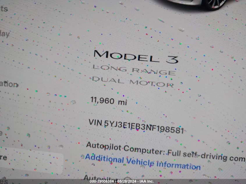 2022 Tesla Model 3 Long Range Dual Motor All-Wheel Drive VIN: 5YJ3E1EB3NF198581 Lot: 39506386