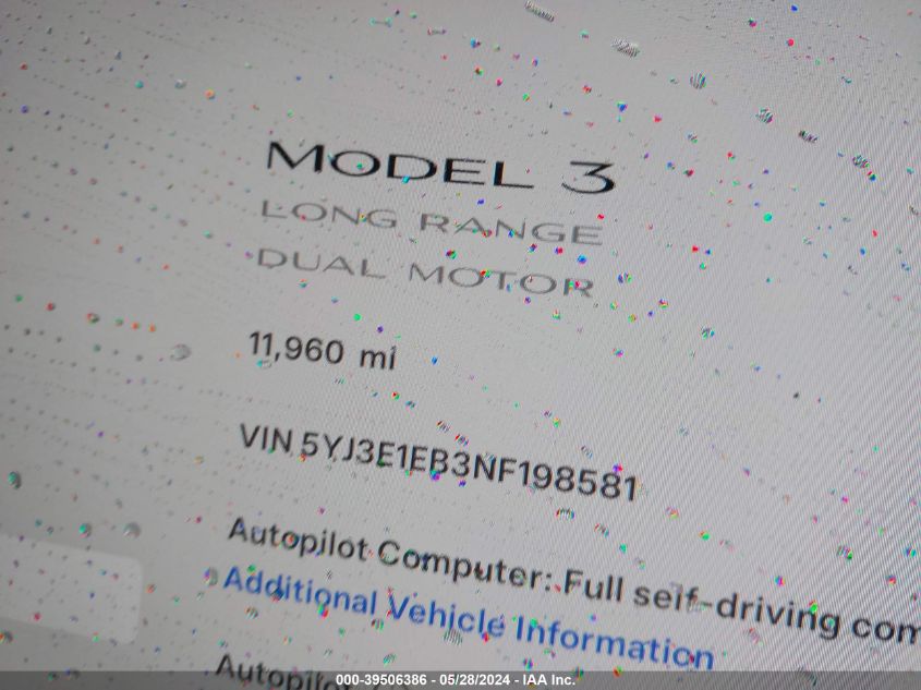 2022 Tesla Model 3 Long Range Dual Motor All-Wheel Drive VIN: 5YJ3E1EB3NF198581 Lot: 39506386