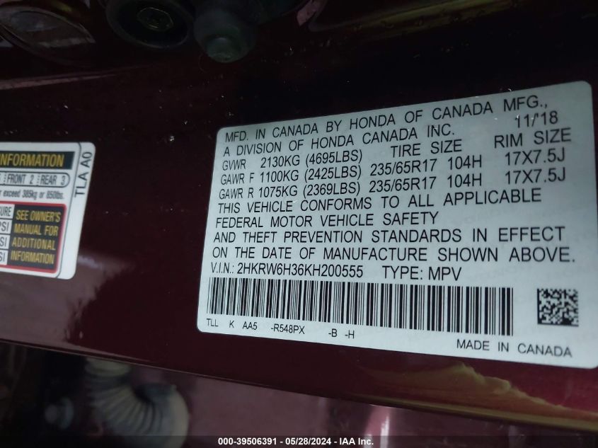 2019 Honda Cr-V Lx VIN: 2HKRW6H36KH200555 Lot: 39506391