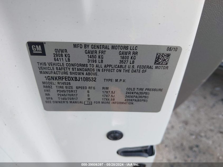 2011 Chevrolet Traverse Ls VIN: 1GNKRFEDXBJ108532 Lot: 39506397