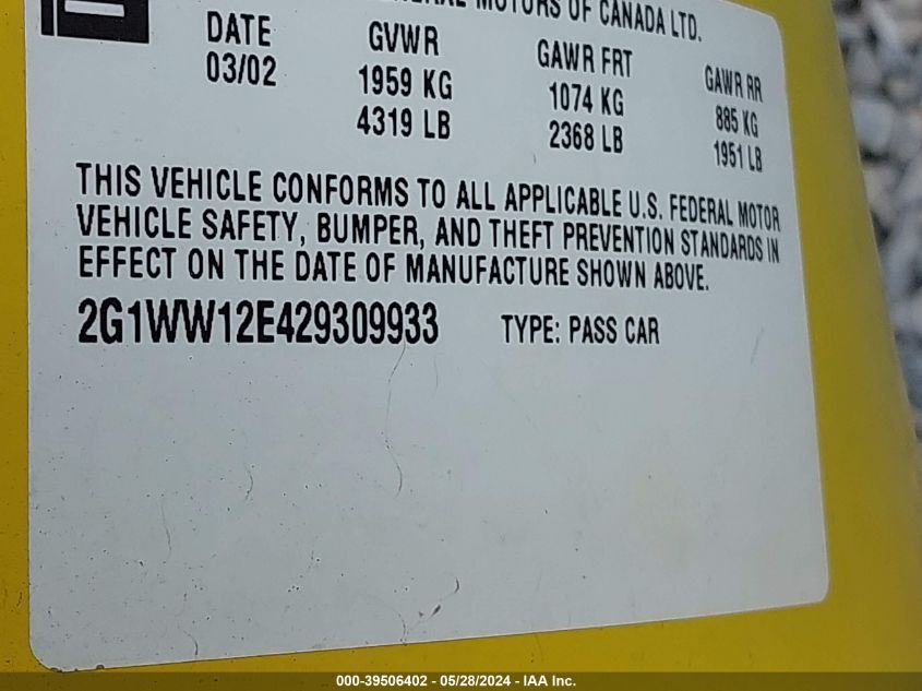 2002 Chevrolet Monte Carlo Ls VIN: 2G1WW12E429309933 Lot: 39506402