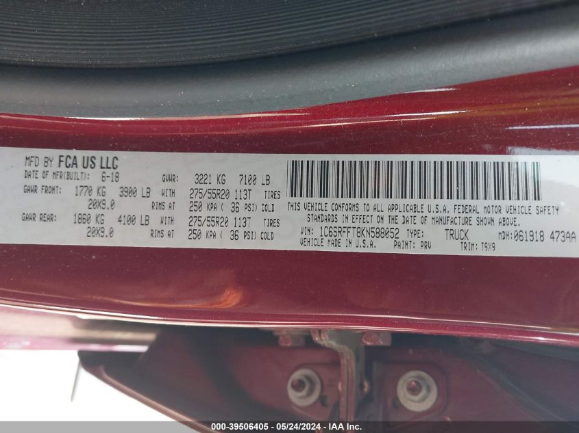 2019 Ram 1500 Big Horn/Lone Star 4X4 5'7 Box VIN: 1C6SRFFT8KN588052 Lot: 39506405