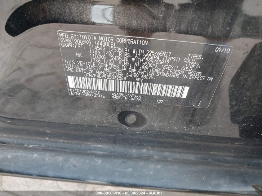 2011 Toyota Rav4 VIN: JTMZF4DV9B5032888 Lot: 39506410