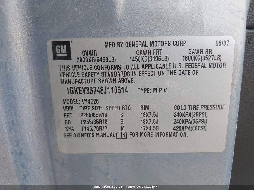 2008 GMC Acadia Slt-2 VIN: 1GKEV33748J110514 Lot: 39506427