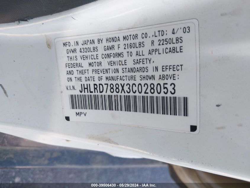 2003 Honda Cr-V Ex VIN: JHLRD788X3C028053 Lot: 39506430