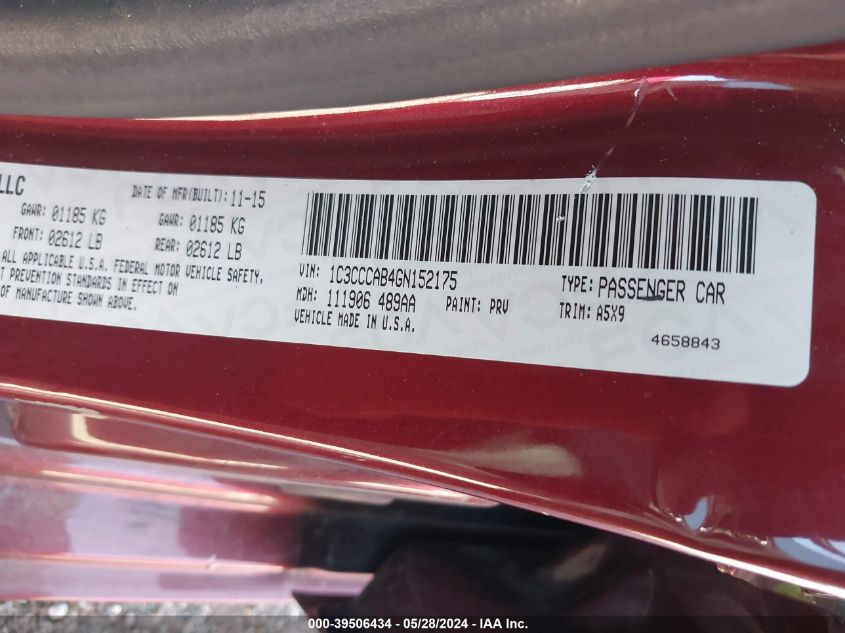 2016 Chrysler 200 Limited VIN: 1C3CCCAB4GN152175 Lot: 39506434