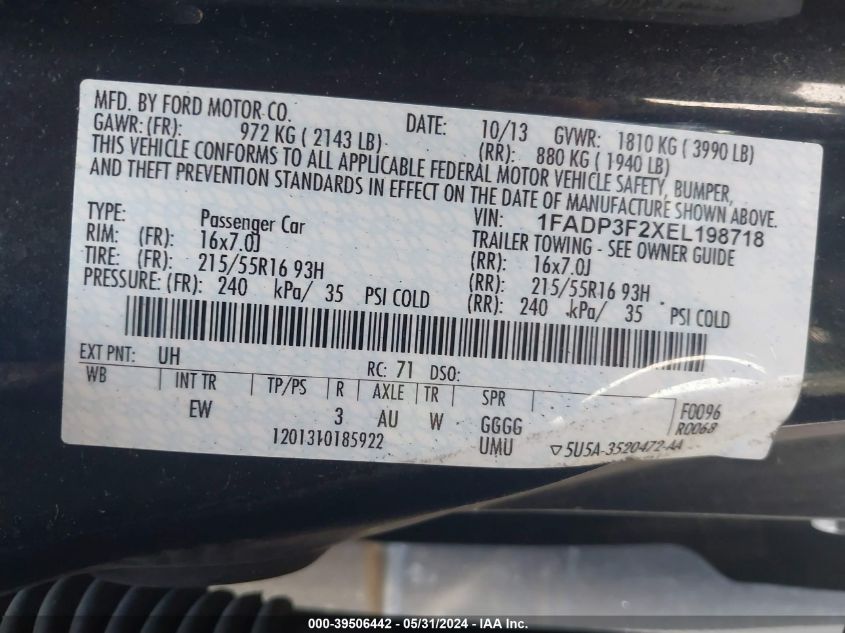 2014 Ford Focus Se VIN: 1FADP3F2XEL198718 Lot: 39506442