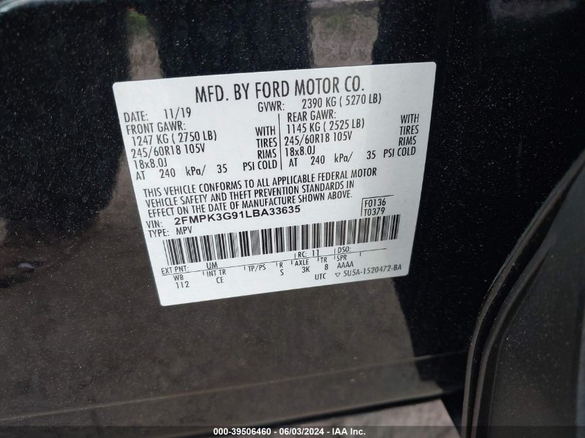 2020 Ford Edge Se VIN: 2FMPK3G91LBA33635 Lot: 39506460