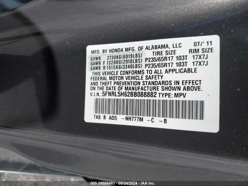 2011 Honda Odyssey Ex-L VIN: 5FNRL5H62BB088882 Lot: 39506481