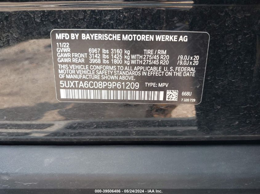 2023 BMW X5 Phev xDrive45E VIN: 5UXTA6C08P9P61209 Lot: 39506486