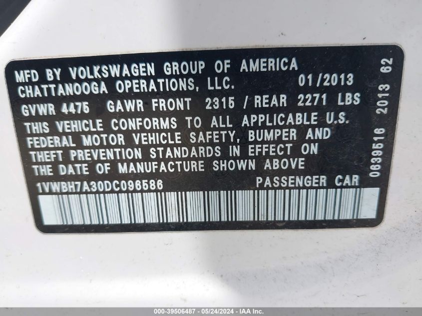 2013 Volkswagen Passat 2.5L Se VIN: 1VWBH7A30DC096586 Lot: 39506487