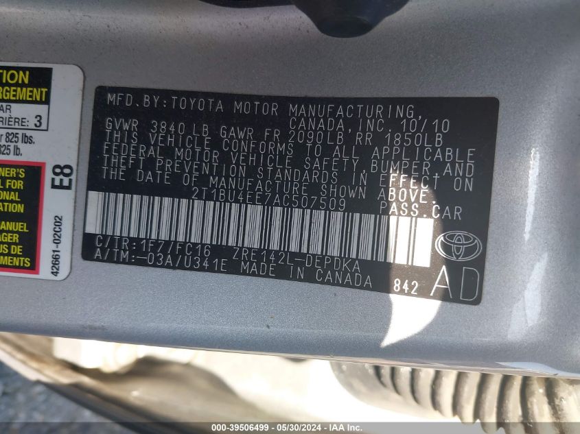 2010 Toyota Corolla Le VIN: 2T1BU4EE7AC507509 Lot: 39506499