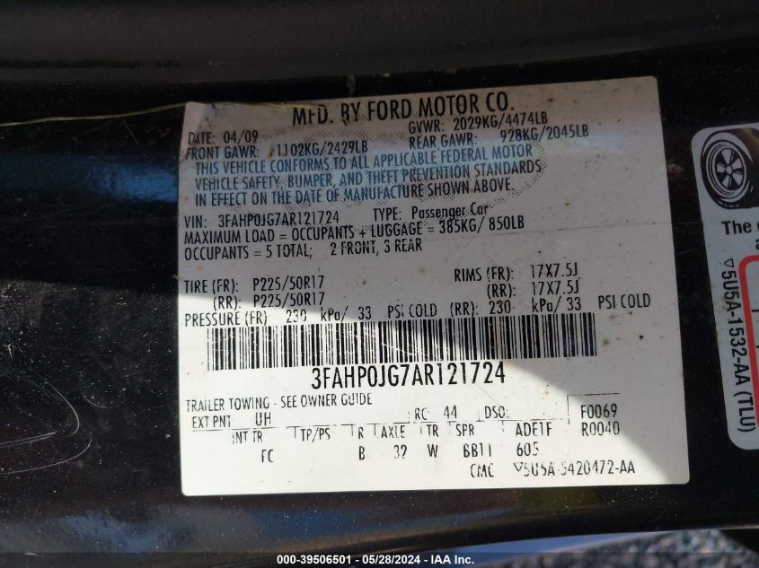 2010 Ford Fusion Sel VIN: 3FAHP0JG7AR121724 Lot: 39506501