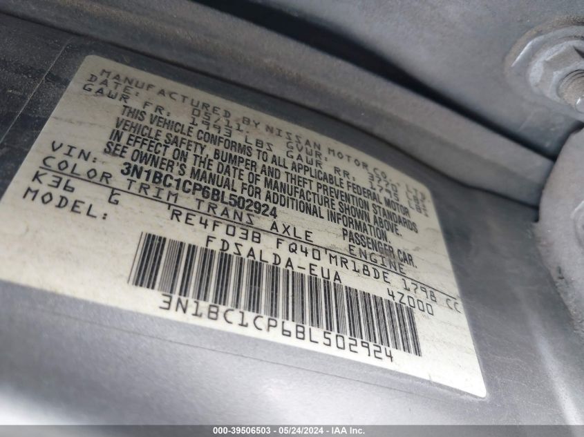 2011 Nissan Versa 1.8S VIN: 3N1BC1CP6BL502924 Lot: 39506503