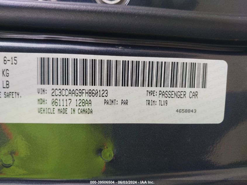 2015 Chrysler 300 Limited VIN: 2C3CCAAG9FH860123 Lot: 39506504