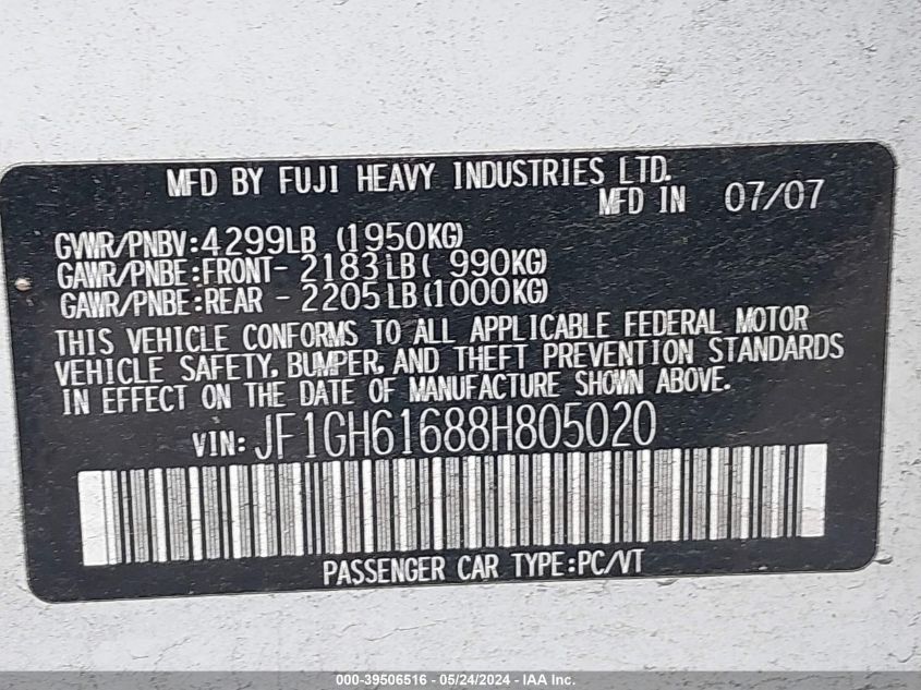 2008 Subaru Impreza 2.5I VIN: JF1GH61688H805020 Lot: 39506516