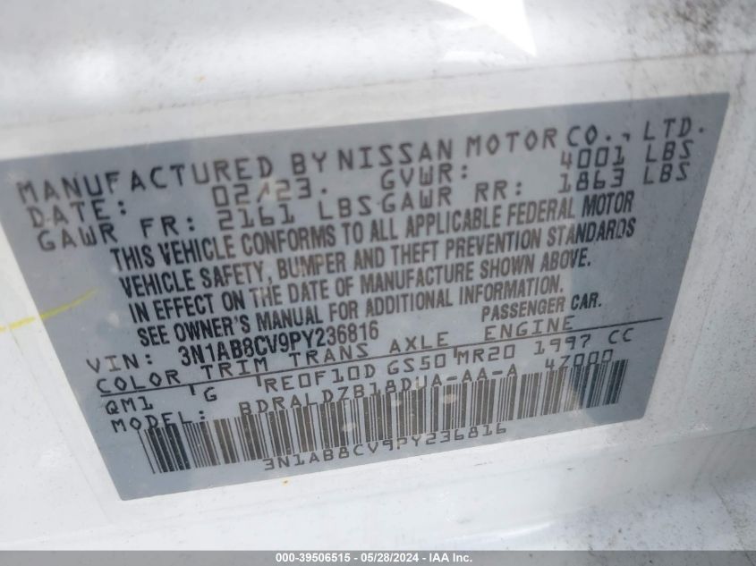 2023 Nissan Sentra Sv Xtronic Cvt VIN: 3N1AB8CV9PY236816 Lot: 39506515