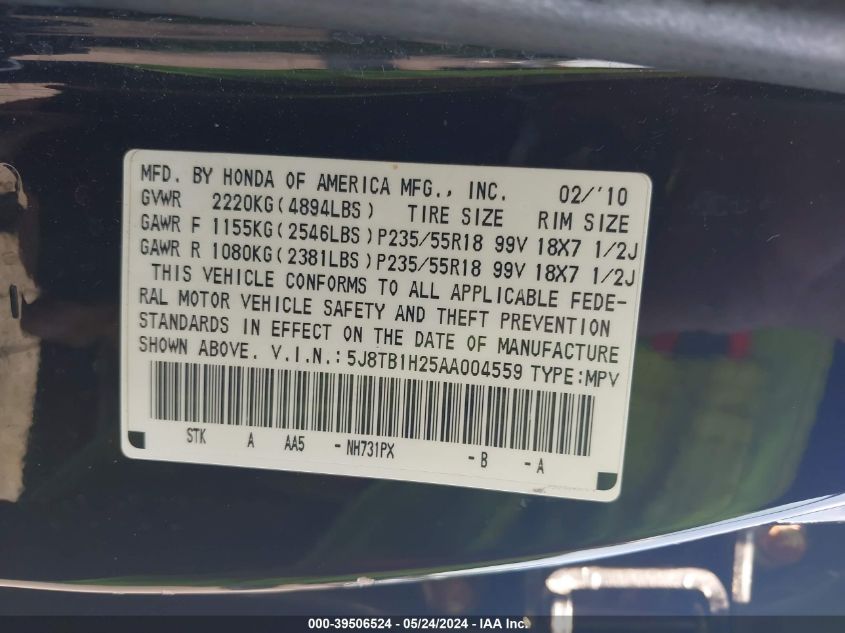 5J8TB1H25AA004559 2010 Acura Rdx