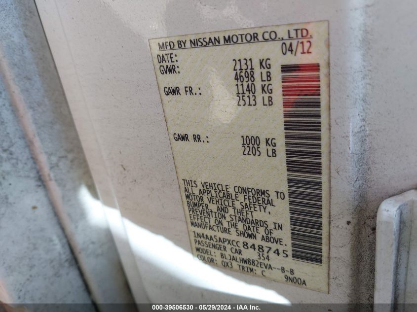 2012 Nissan Maxima 3.5 Sv VIN: 1N4AA5APXCC848745 Lot: 39506530