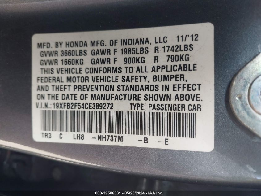 2012 Honda Civic Lx VIN: 19XFB2F54CE389272 Lot: 39506531