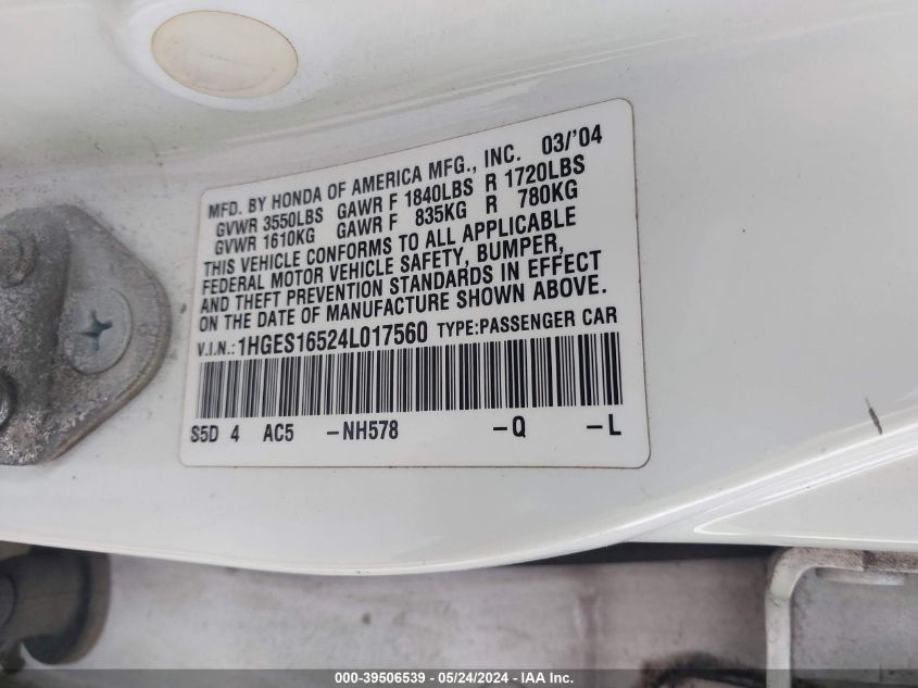 2004 Honda Civic Lx VIN: 1HGES16524L017560 Lot: 39506539