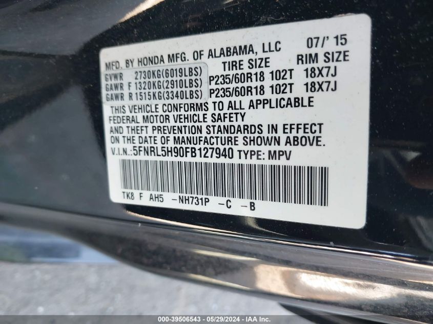 5FNRL5H90FB127940 2015 Honda Odyssey Touring/Touring Elite