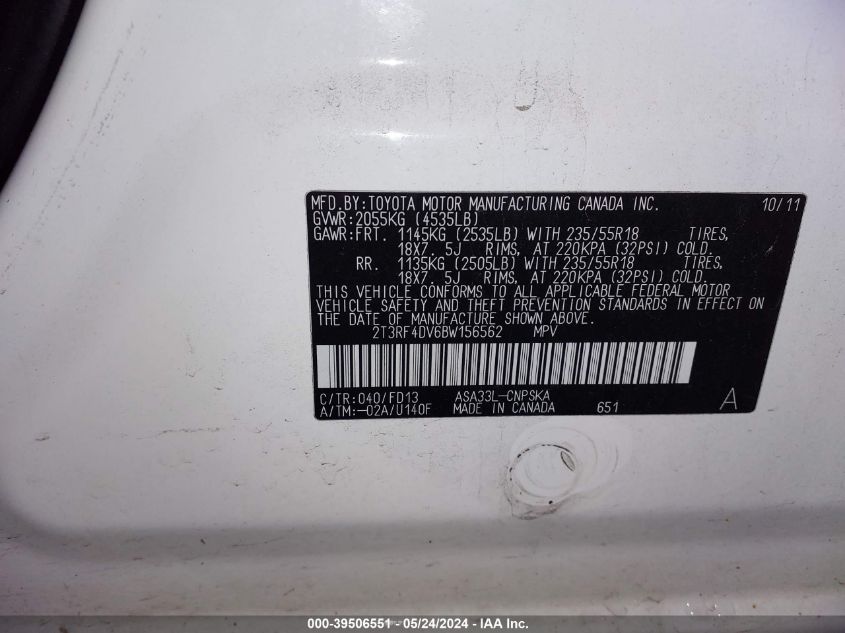 2011 Toyota Rav4 Sport VIN: 2T3RF4DV6BW156562 Lot: 39506551