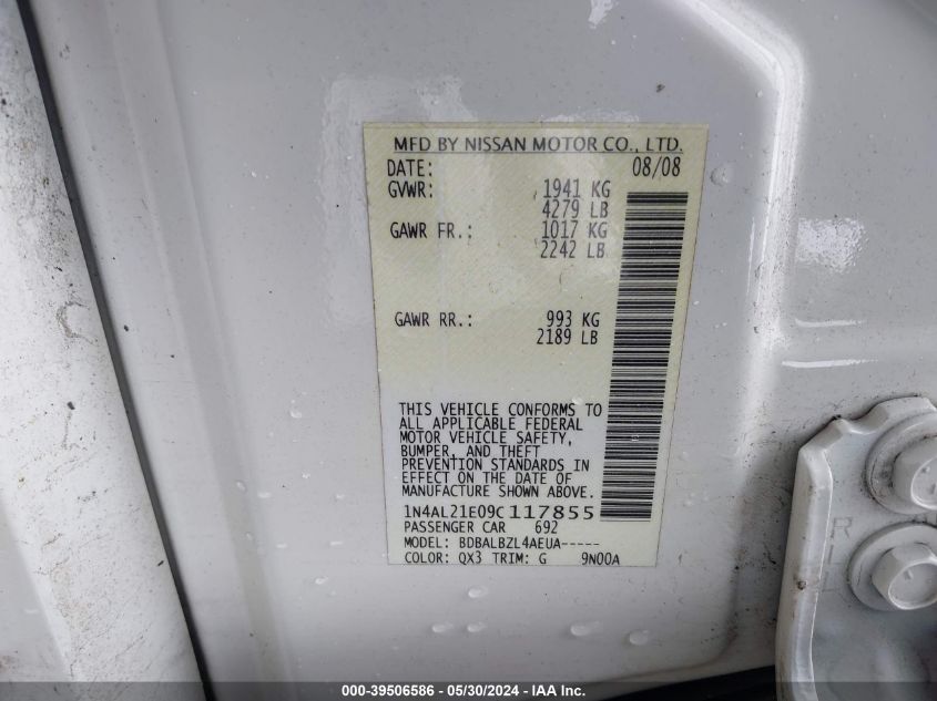 2009 Nissan Altima 2.5 S VIN: 1N4AL21E09C117855 Lot: 39506586