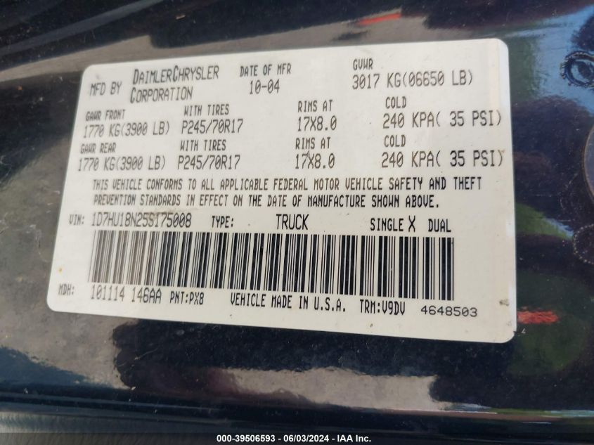 2005 Dodge Ram 1500 St/Slt VIN: 1D7HU18N25S175008 Lot: 39506593