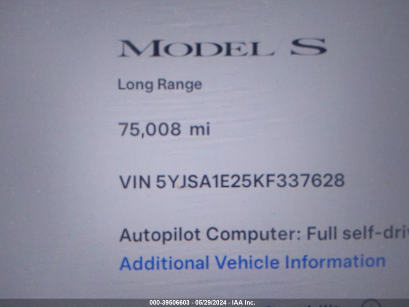 5YJSA1E25KF337628 2019 Tesla Model S