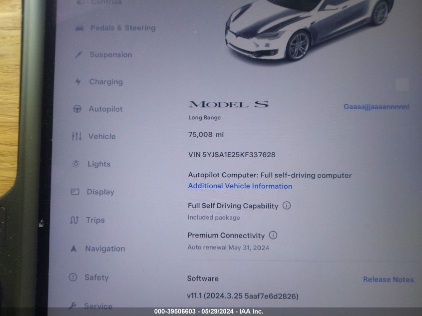 5YJSA1E25KF337628 2019 Tesla Model S