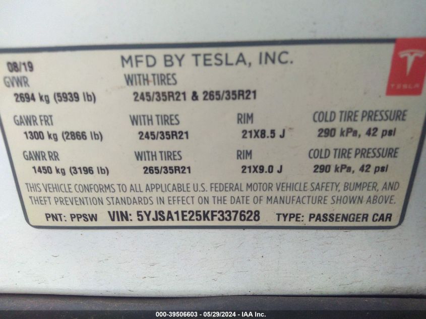 5YJSA1E25KF337628 2019 Tesla Model S