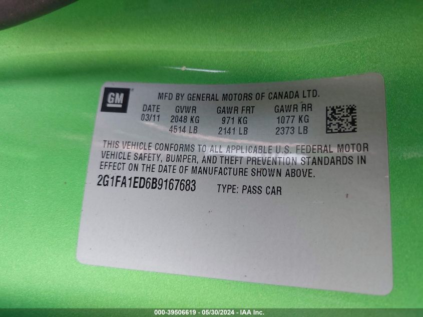 2011 Chevrolet Camaro 2Ls VIN: 2G1FA1ED6B9167683 Lot: 39506619