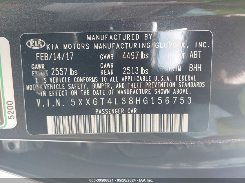 2017 Kia Optima Lx VIN: 5XXGT4L38HG156753 Lot: 39506621