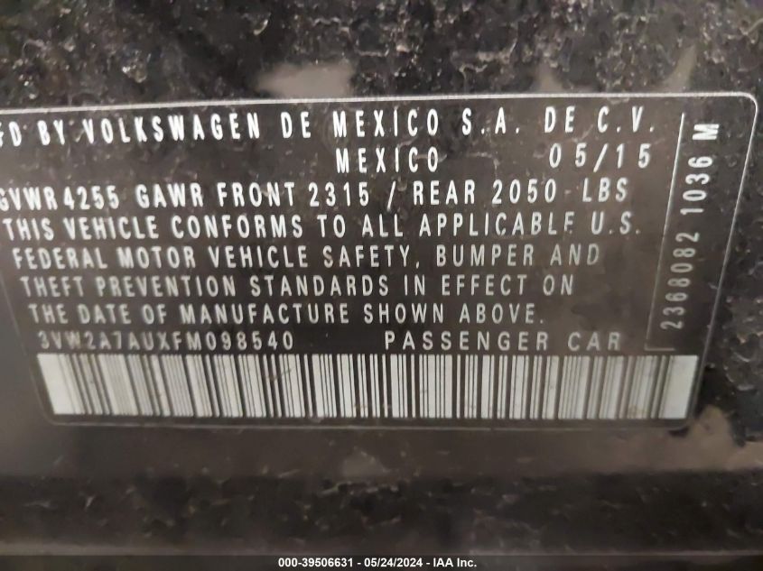 2015 Volkswagen Golf Tdi S 4-Door VIN: 3VW2A7AUXFM098540 Lot: 39506631