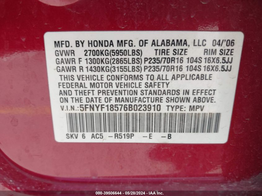 2006 Honda Pilot Ex-L VIN: 5FNYF18576B023910 Lot: 39506644