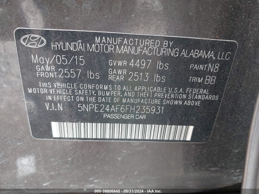 2015 HYUNDAI SONATA SE - 5NPE24AF6FH235931