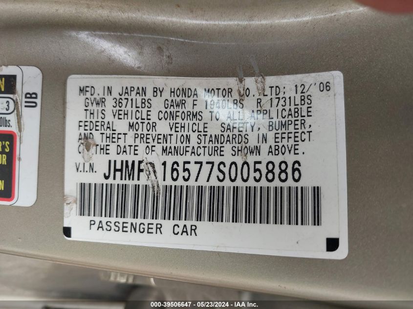 2007 Honda Civic Lx VIN: JHMFA16577S005886 Lot: 39506647