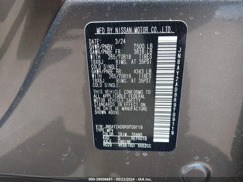 2024 Nissan Armada Sv 4Wd VIN: JN8AY2AD8R9709119 Lot: 39506651