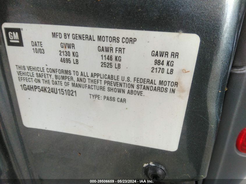 2004 Buick Lesabre Custom VIN: 1G4HP54K24U151021 Lot: 39506659